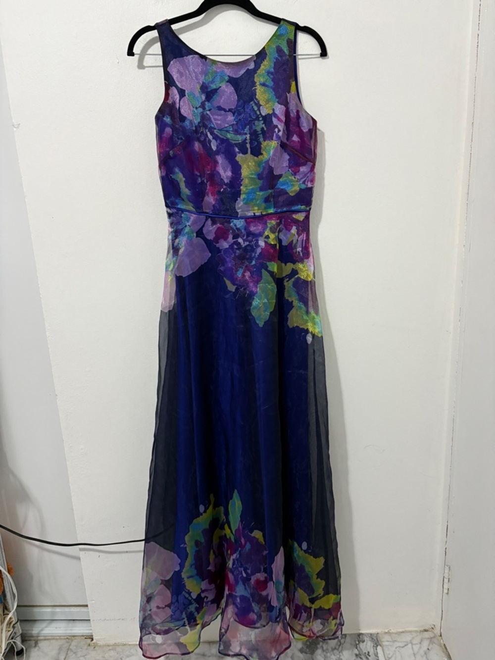 Tahari Navy Floral-Print Maxi Dress with Purple, Green and Pink Accents - Picture 2 of 7